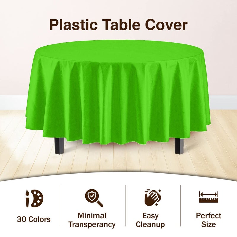 Party Solids 6-Pack Premium Plastic Tablecloth 84in. Round Plastic Table Cover - Lime Green - Image 3